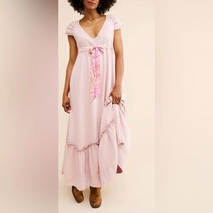 Blush Pink V-Neck Maxi Dress with Tie Detail